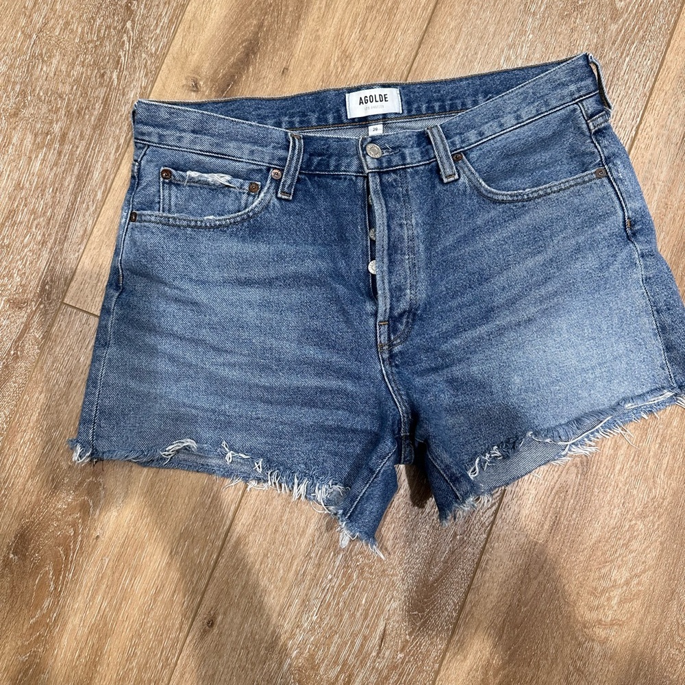 Agolde Parker Long Blue Jean Shorts Distressed Frayed Hem